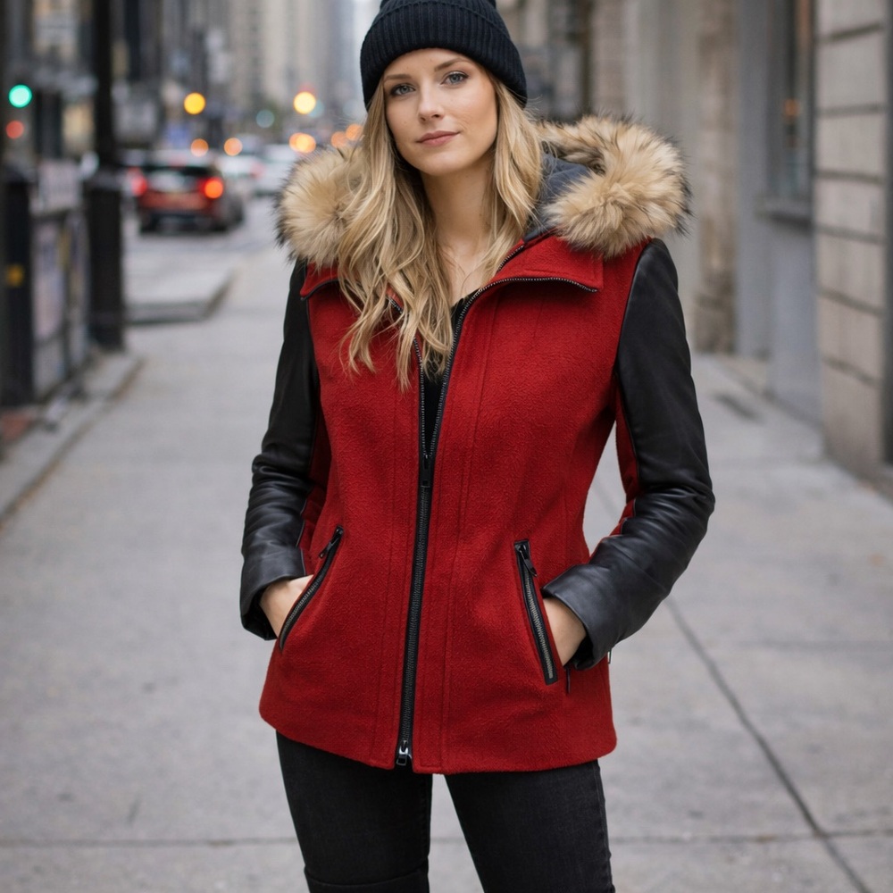 SOIA & KYO | XS | Women's Wool & Leather Red Jacket with fur